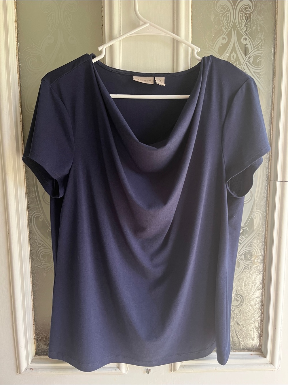 Chico's Navy Cowl-Neck Short Sleeve Top chicos sz 2, sz 12 normal sz never worn